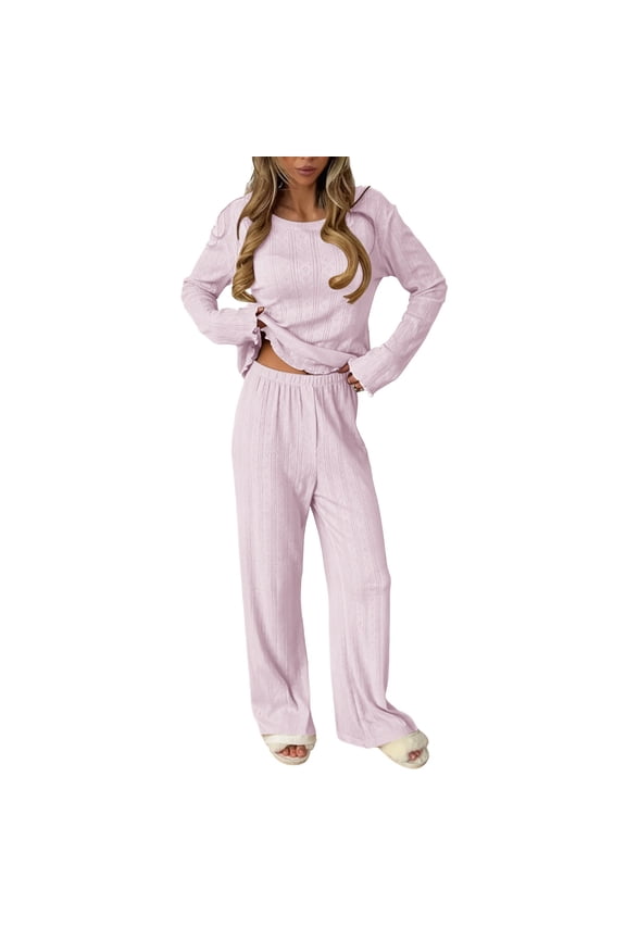 Womens Pointelle Knit Pajama Set Long Sleeve Ruffle Trim Top and Long Pants Sleepwear