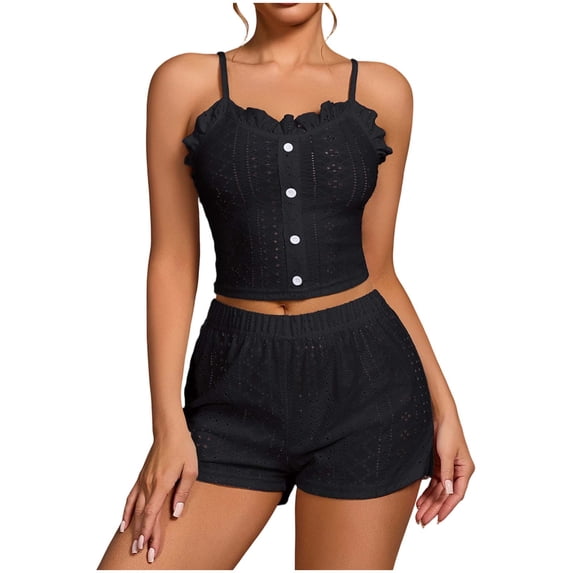 QINGFSAP Womens Pointelle Lounge Set Button Front Crop Cami and Elastic Shorts Sleepwear