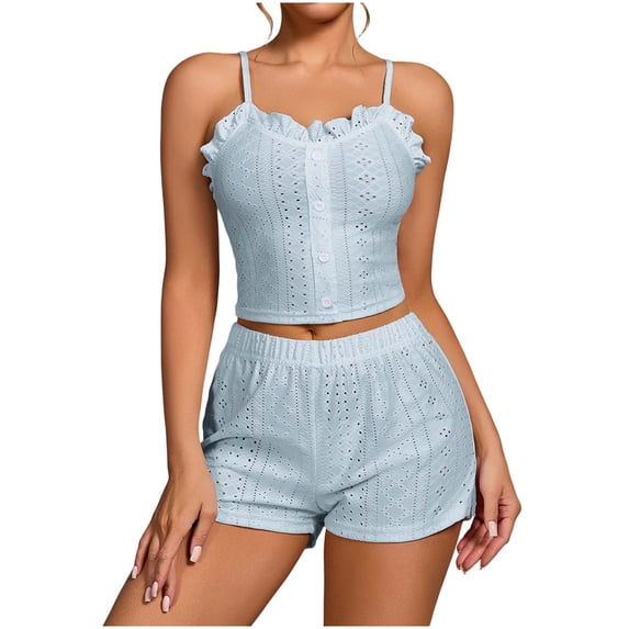 QINGFSAP Womens Pointelle Lounge Set Button Front Crop Cami and Elastic Shorts Sleepwear