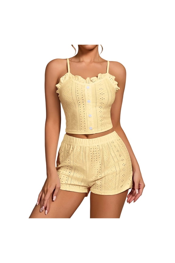Womens Pointelle Lounge Set Button Front Crop Cami and Elastic Shorts Sleepwear