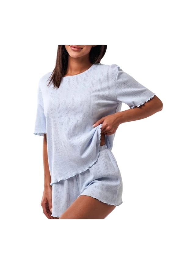 Womens Pointelle Lounge Set Scalloped Trim Crew Neck Top and Elastic Shorts Sleepwear