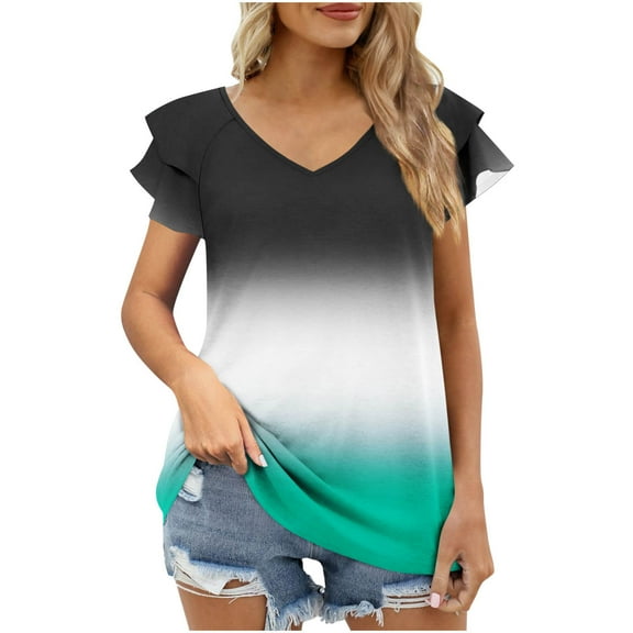Fengactive Womens Puff Short Sleeve V Neck Shirts Dressy Casual Gradients Color Tunic Tops