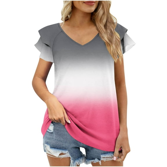 Fengactive Womens Puff Short Sleeve V Neck Shirts Dressy Casual Gradients Color Tunic Tops