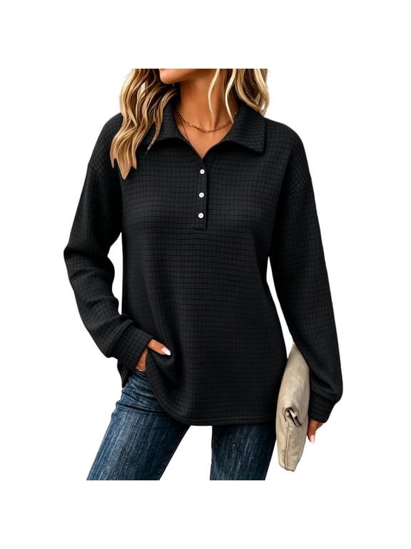 Womens Quilted Grid Half Button Sweatshirt Collared Drop Shoulder Long Sleeve Casual Top