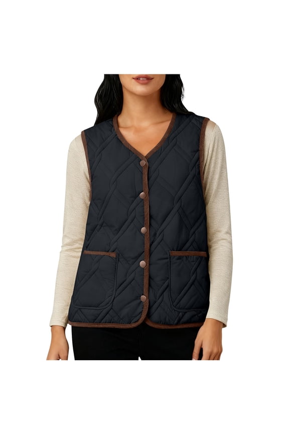 Womens Quilted Vest Lightweight Sleeveless V Neck Button Down Gilet Fall Winter Outerwear Vests with Pockets