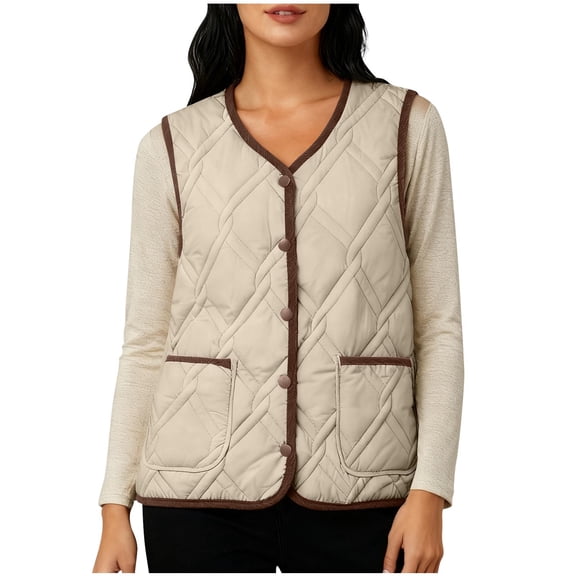 Fengactive Womens Quilted Vest Lightweight Sleeveless V Neck Button Down Gilet Fall Winter Outerwear Vests with Pockets
