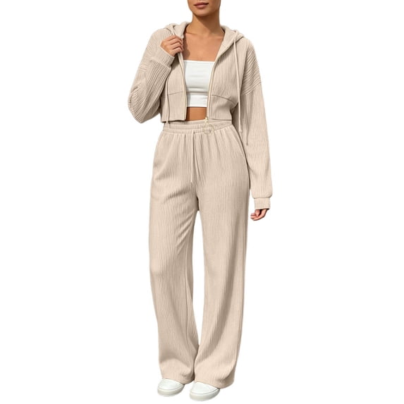 QINGFSAP Womens Ribbed Knit Two Piece Lounge Set Cropped Zip Up Hoodie and Wide Leg Pants Drawstring Casual Tracksuit