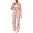 thumbnail image 1 of QINGFSAP Womens Ribbed Knit Two Piece Lounge Set Zipper Hoodie and Wide Leg Pants with Metal Ring Casual Tracksuit, 1 of 6