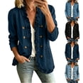 thumbnail image 1 of QINGFSAP Womens Ruffle Trim Denim Jacket Double Breasted Open Front Long Sleeve Coat with Pockets, 1 of 9