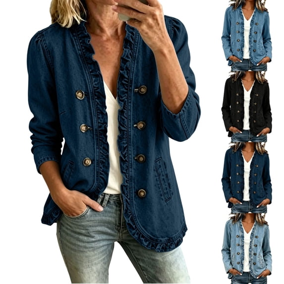 QINGFSAP Womens Ruffle Trim Denim Jacket Double Breasted Open Front Long Sleeve Coat with Pockets