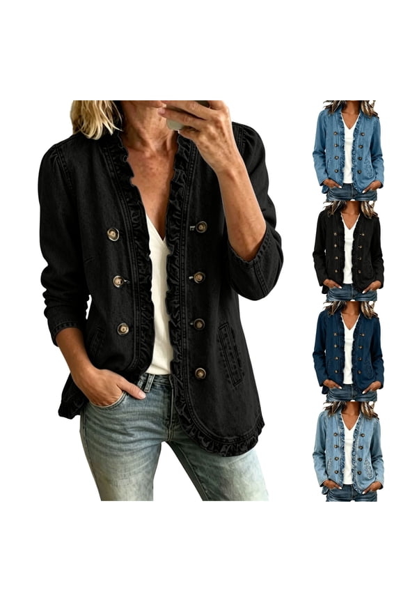 Womens Ruffle Trim Denim Jacket Double Breasted Open Front Long Sleeve Coat with Pockets