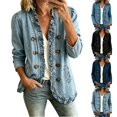 thumbnail image 1 of QINGFSAP Womens Ruffle Trim Denim Jacket Double Breasted Open Front Long Sleeve Coat with Pockets, 1 of 9