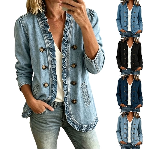 QINGFSAP Womens Ruffle Trim Denim Jacket Double Breasted Open Front Long Sleeve Coat with Pockets