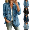 thumbnail image 1 of QINGFSAP Womens Ruffle Trim Denim Jacket Double Breasted Open Front Long Sleeve Coat with Pockets, 1 of 9
