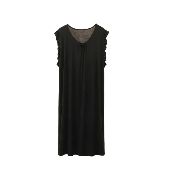QINGFSAP Womens Ruffled Shoulder Sleep Dress Scoop Neck Bow Tie Detail Relaxed Nightgown