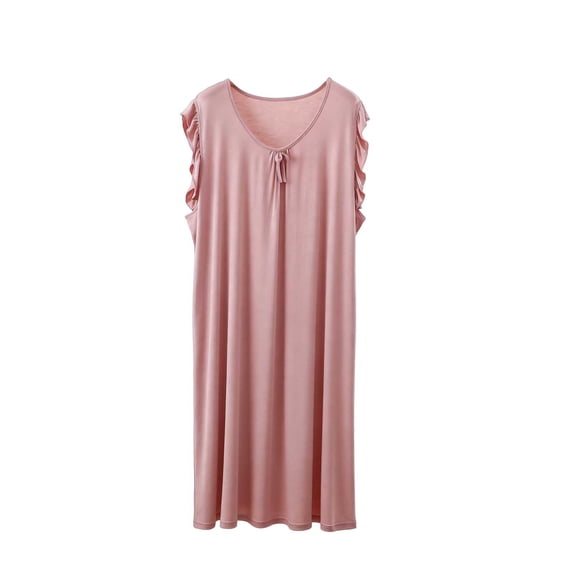 QINGFSAP Womens Ruffled Shoulder Sleep Dress Scoop Neck Bow Tie Detail Relaxed Nightgown