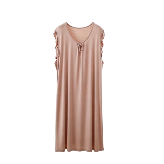 QINGFSAP Womens Ruffled Shoulder Sleep Dress Scoop Neck Bow Tie Detail Relaxed Nightgown