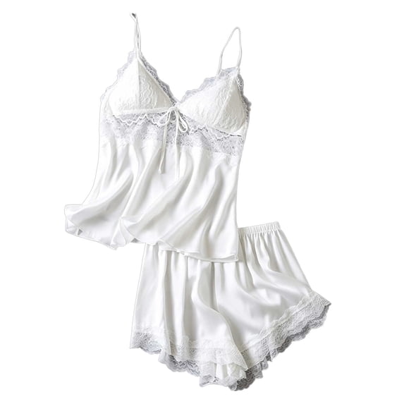 QINGFSAP Womens Satin Lace Cami Set Deep V Spaghetti Strap Removable Bra Tie Front Sleepwear