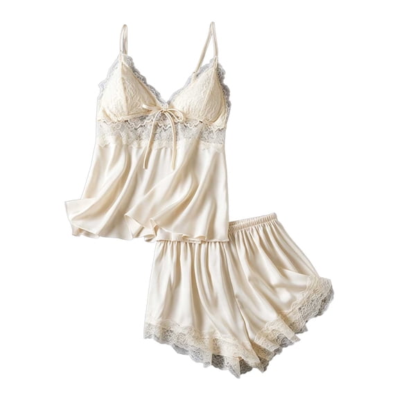 Fengactive Womens Satin Lace Cami Set Deep V Spaghetti Strap Removable Bra Tie Front Sleepwear