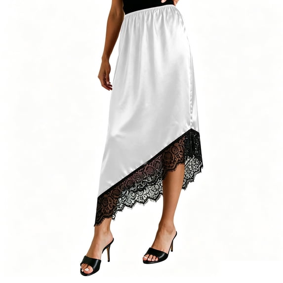 Fengactive Womens Satin Midi Skirt Elastic High Waist Asymmetrical Lace Trim Flowy Party Skirt