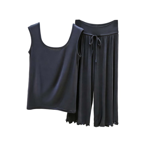 QINGFSAP Womens Scoop Neck Lounge Set Sleeveless Tank Top and Drawstring Scalloped Pants