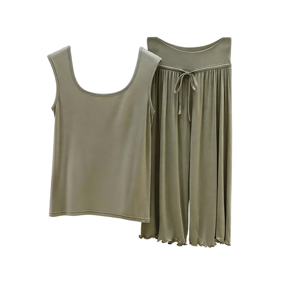 QINGFSAP Womens Scoop Neck Lounge Set Sleeveless Tank Top and Drawstring Scalloped Pants