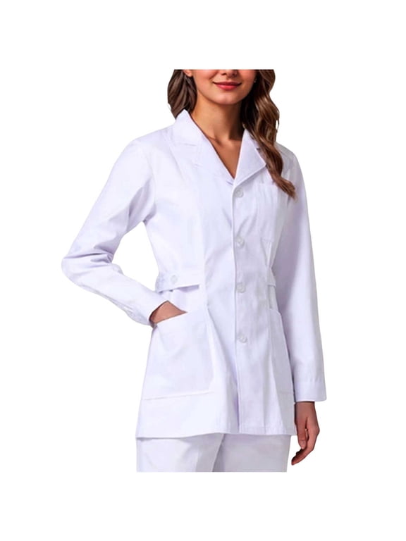 Fengactive Womens Scrub Jacket Medical Lab Coat Adjustable Waist Side Pockets Long Sleeve Work Top