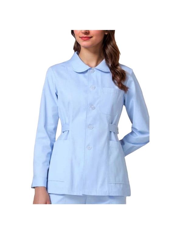 Fengactive Womens Scrub Jacket Peter Pan Collar Adjustable Waist Side Pockets Long Sleeve Work Top