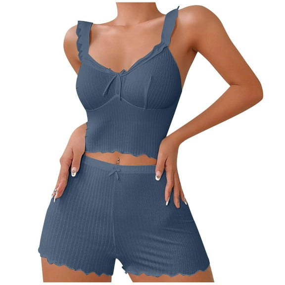 Fengactive Womens Sexy Pajama Set Ribbed Wave Cami Crop Top and Shorts Cute 2 Piece Outfits V-Neck Sleepwear