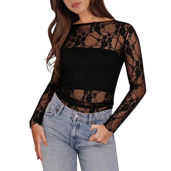 QINGFSAP Womens Sheer Lace Top Boat Neck Long Sleeve Floral Mesh Slim Fit Casual Going Out Blouse