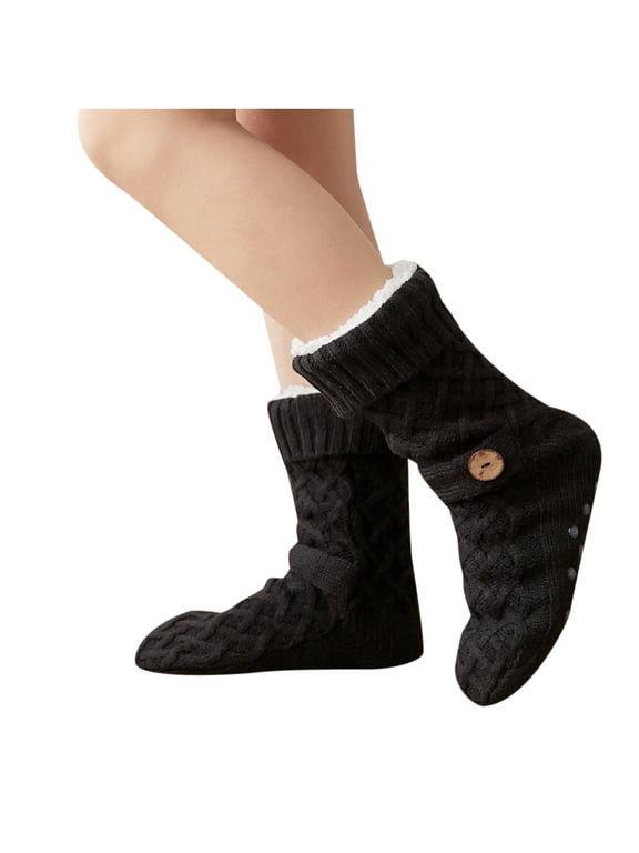 Womens Sherpa Lined Slipper Socks Cable Knit Floor Socks Thick Winter Bootie Socks Button Detail
