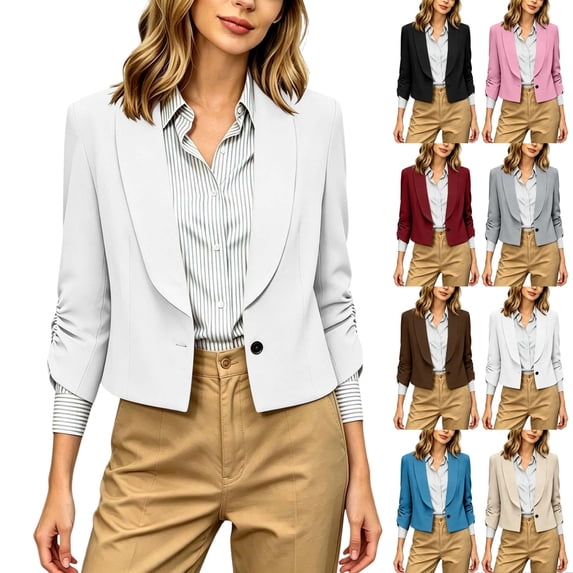 QINGFSAP Womens Short Blazer 3/4 Sleeve Lapel Open Front Casual Business Jacket with Pockets