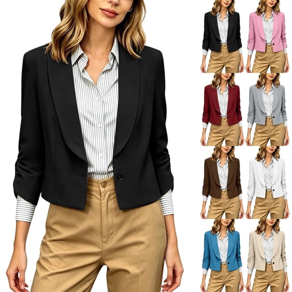 QINGFSAP Womens Short Blazer 3/4 Sleeve Lapel Open Front Casual Business Jacket with Pockets