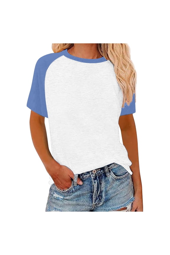 Womens Short Sleeve Crewneck Raglan Shirt Summer Casual Color Block Workout Athletic Tunic Shirts