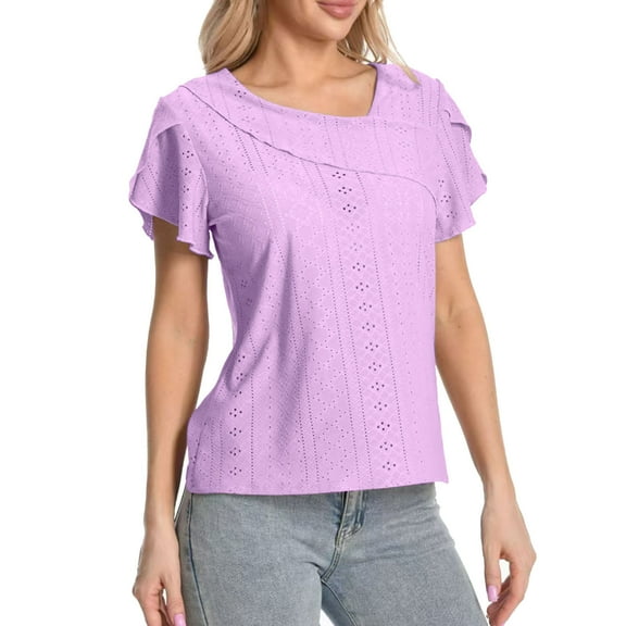 Fengactive Womens Short Sleeve Eyelet Shirts Summer Trendy Asymmetrical V Neck Tops Dressy Casual Plain Tunic Blouse