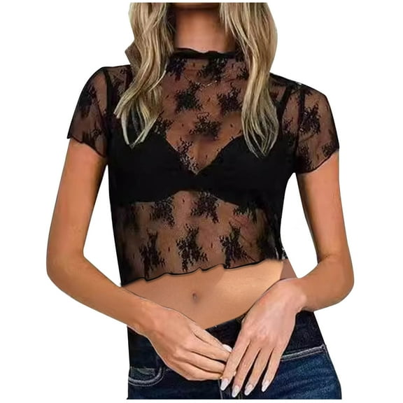 Fengactive Womens Short Sleeve Mesh Top Mock Neck Sheer Floral Lace Tee Top Party Summer Slim Fit See Through T Shirt