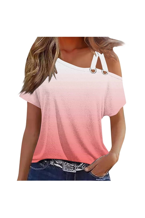 Womens Short Sleeve One Shoulder Tops Crisscross Strappy Shirts Gradient Tunic Blouse