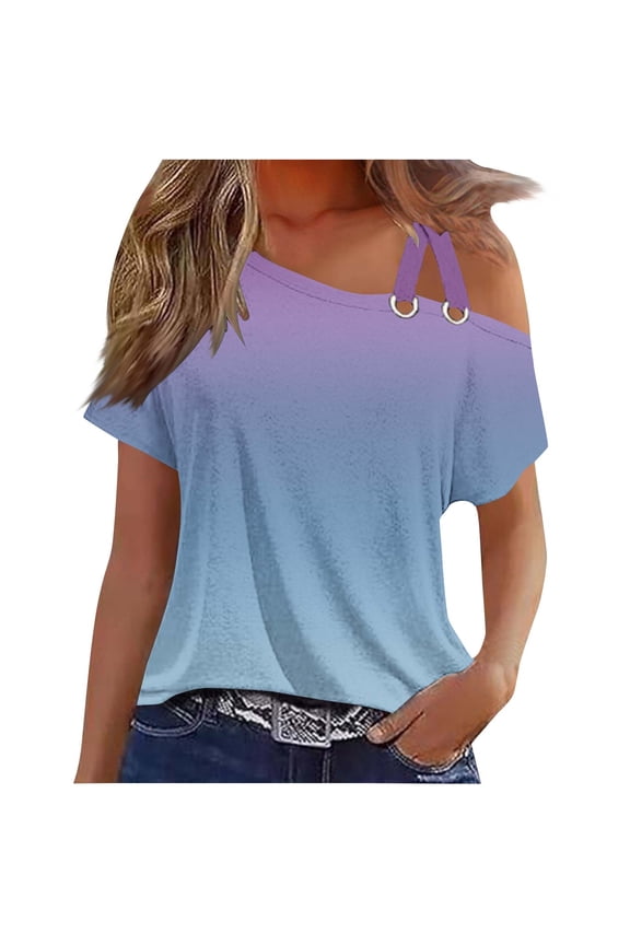 Womens Short Sleeve One Shoulder Tops Crisscross Strappy Shirts Gradient Tunic Blouse