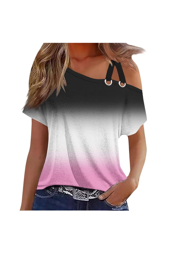 Womens Short Sleeve One Shoulder Tops Crisscross Strappy Shirts Gradient Tunic Blouse