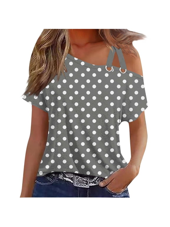 Fengactive Womens Short Sleeve One Shoulder Tops Crisscross Strappy Shirts Polka Dot Tunic Blouse