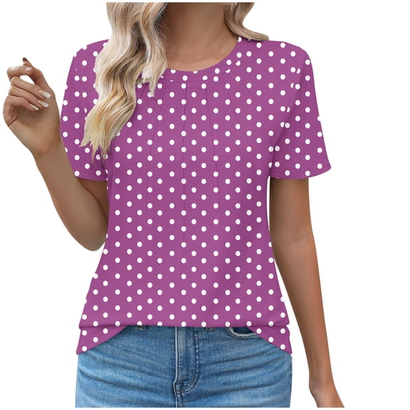 Fengactive Womens Short Sleeve Polka Dot Shirts Solid Color Summer Tops Crew Neck Casual Pleated Tunic Loose Blouses