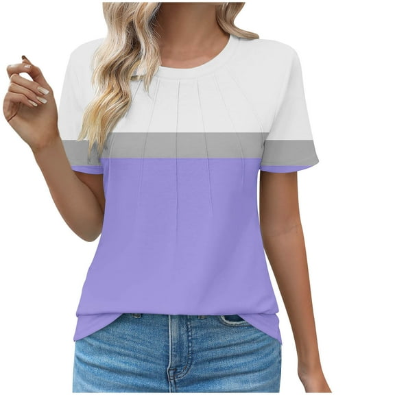 Fengactive Womens Short Sleeve Striped Shirts Color Block Summer Tops Crew Neck Casual Pleated Tunic Loose Blouses