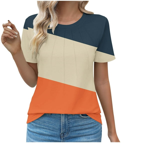 Fengactive Womens Short Sleeve Striped Shirts Color Block Summer Tops Crew Neck Casual Pleated Tunic Loose Blouses