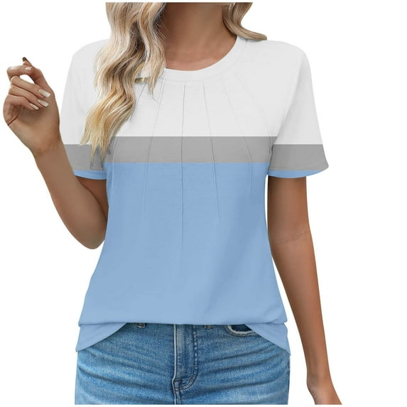 Fengactive Womens Short Sleeve Striped Shirts Color Block Summer Tops Crew Neck Casual Pleated Tunic Loose Blouses