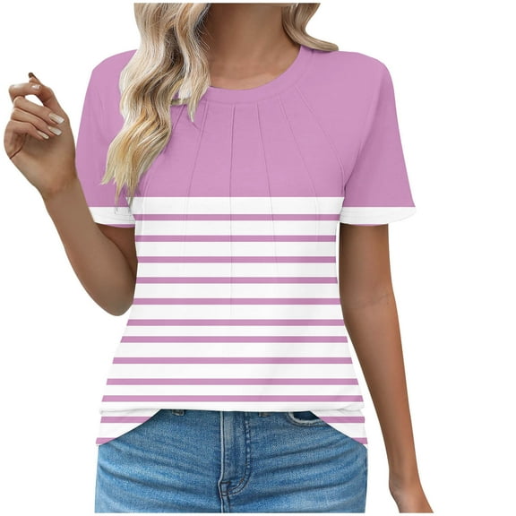Fengactive Womens Short Sleeve Striped Shirts Color Block Summer Tops Crew Neck Casual Pleated Tunic Loose Blouses