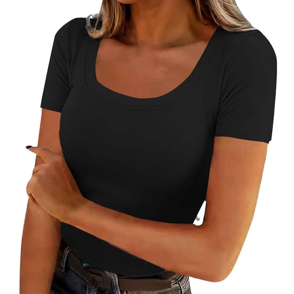 Fengactive Womens Short Sleeve Tops Scoop Neck Ribbed Knit Slim Fitted Basic Tee Shirts Casual Summer Clothes