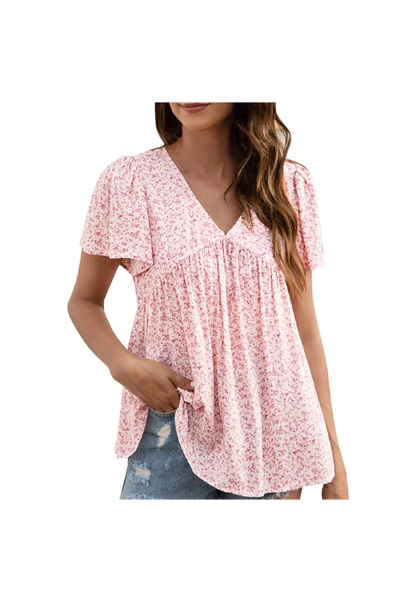 Womens Short Sleeve V Neck Flowy Floral Tops Dressy Casual Boho Tunic Vacation Blouse