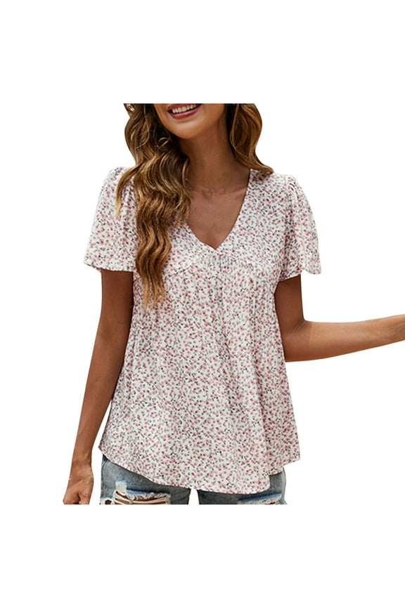 Womens Short Sleeve V Neck Flowy Floral Tops Dressy Casual Boho Tunic Vacation Blouse
