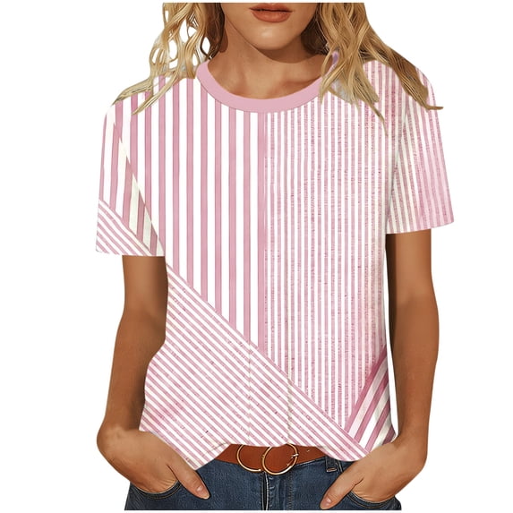 Fengactive Womens Short Sleeves Crew Neck T Shirts Striped Printed Basic TeeS Casual Vacation Tunic Tops