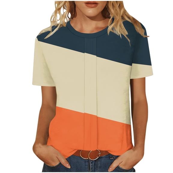 Fengactive Womens Short Sleeves Crew Neck T Shirts Striped Printed Basic TeeS Casual Vacation Tunic Tops